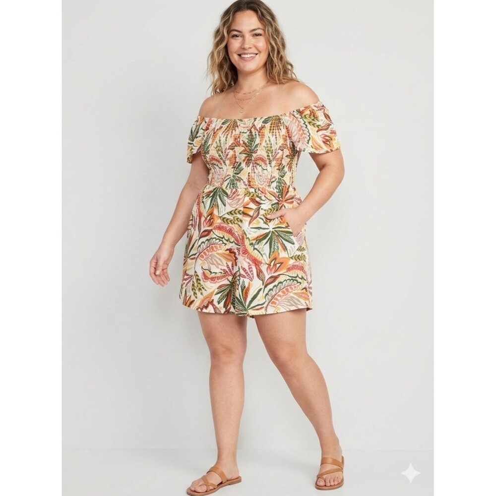 Derek Heart Tropical Smocked Off-Shoulder Romper Plus Size 1X Floral